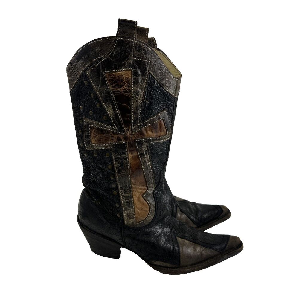 Stetson Western Boots Distressed Cross Overlay Black Leather Pull On Womens 7
